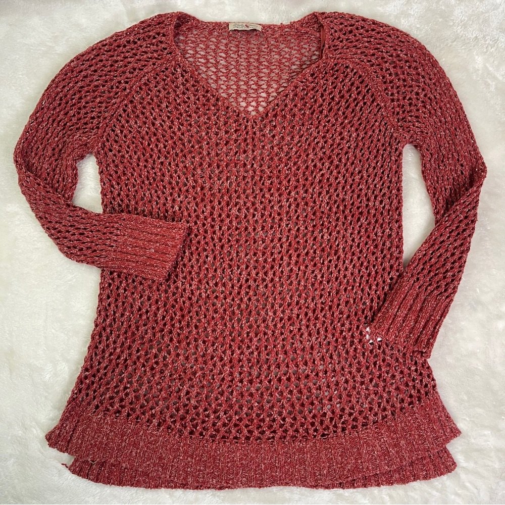 Lucky Brand Open Knit Crochet V-Neck Long Sleeve Sweater Rose Small